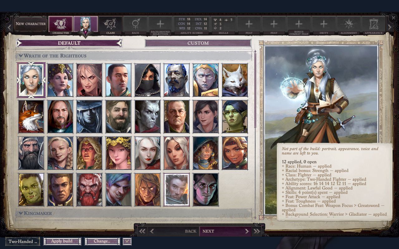 The character-creation window after Apply build: the mod's bar at the bottom left, the list of applied picks at the bottom right.